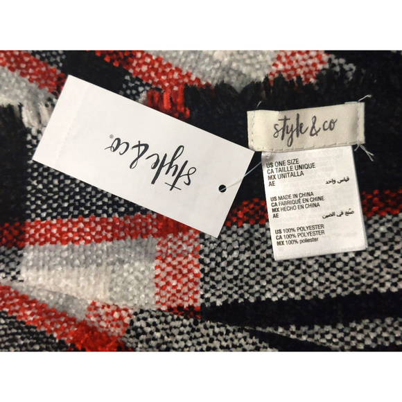 Style&Co. Black Red Gray Chenilla Plaid Fringe Scarves Scarf Fall Winter NWT - Picture 6 of 6